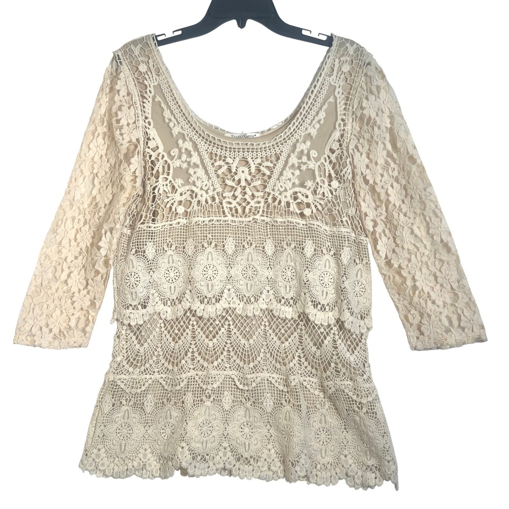 TRAVELSMITH Cream Lace Crochet‎ 3/4 Sleeve Tunic Top Cottagecore Boho Size M